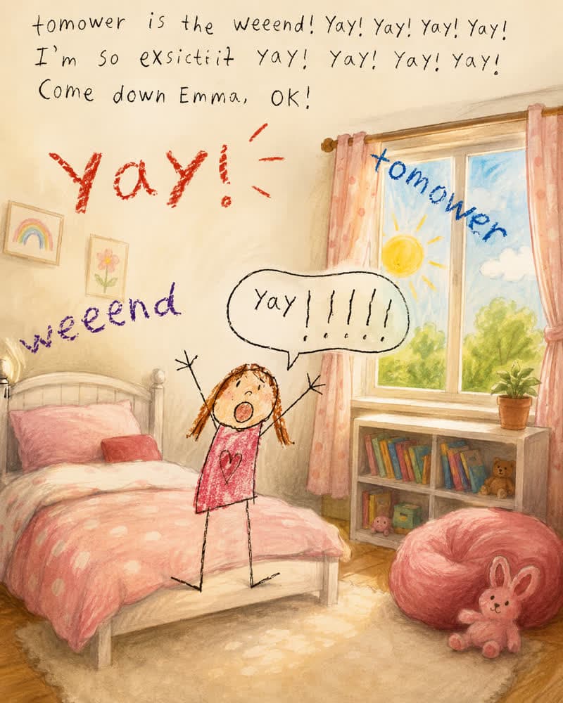Illustrated storybook page of a girl jumping on her bed, excited for the weekend